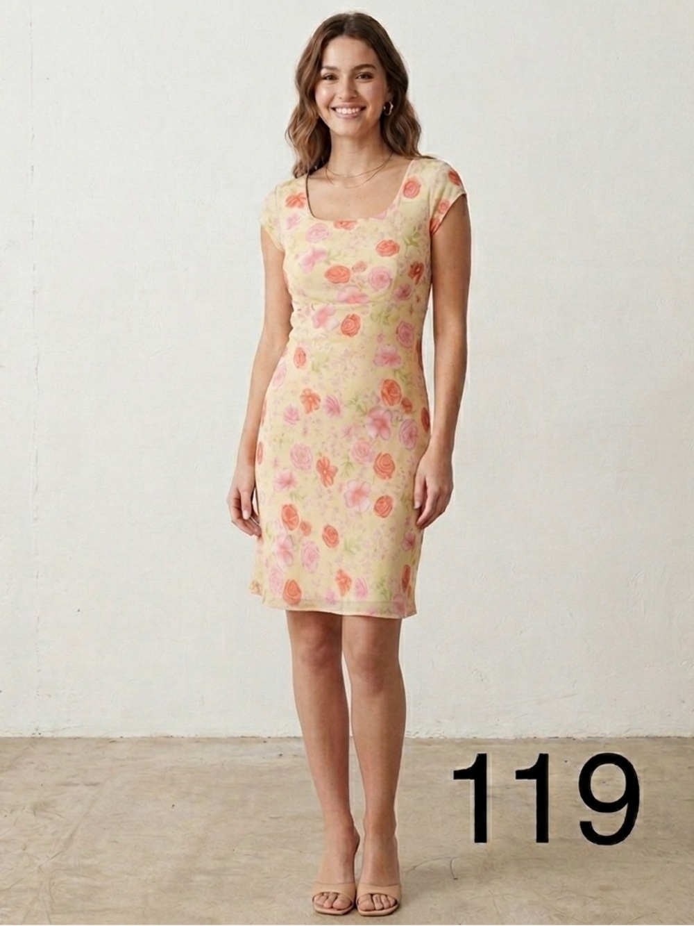 Floral Scoop Neck Midi Dress - Yellow Pink